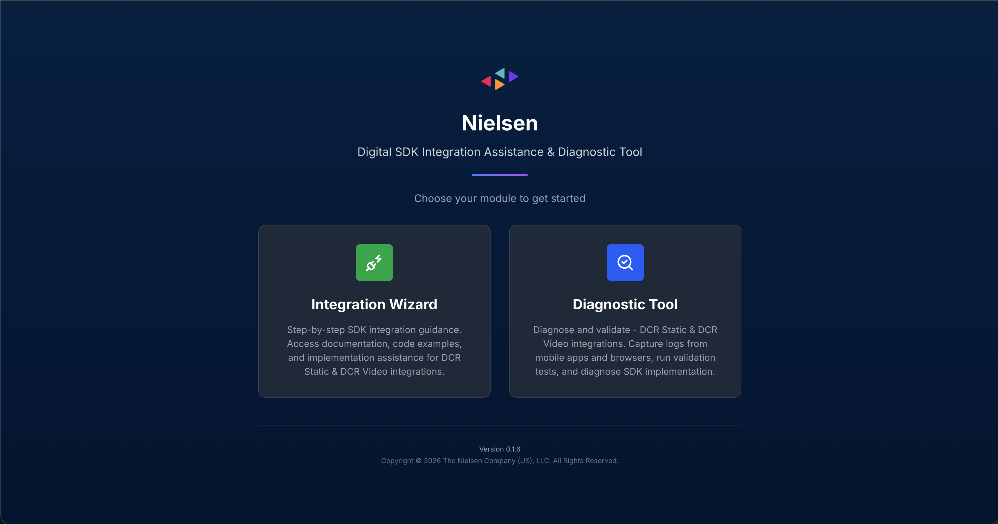SDK Diagnostic Tool — Home Screen showing Integration Wizard and Diagnostic Tool modules with market dropdown