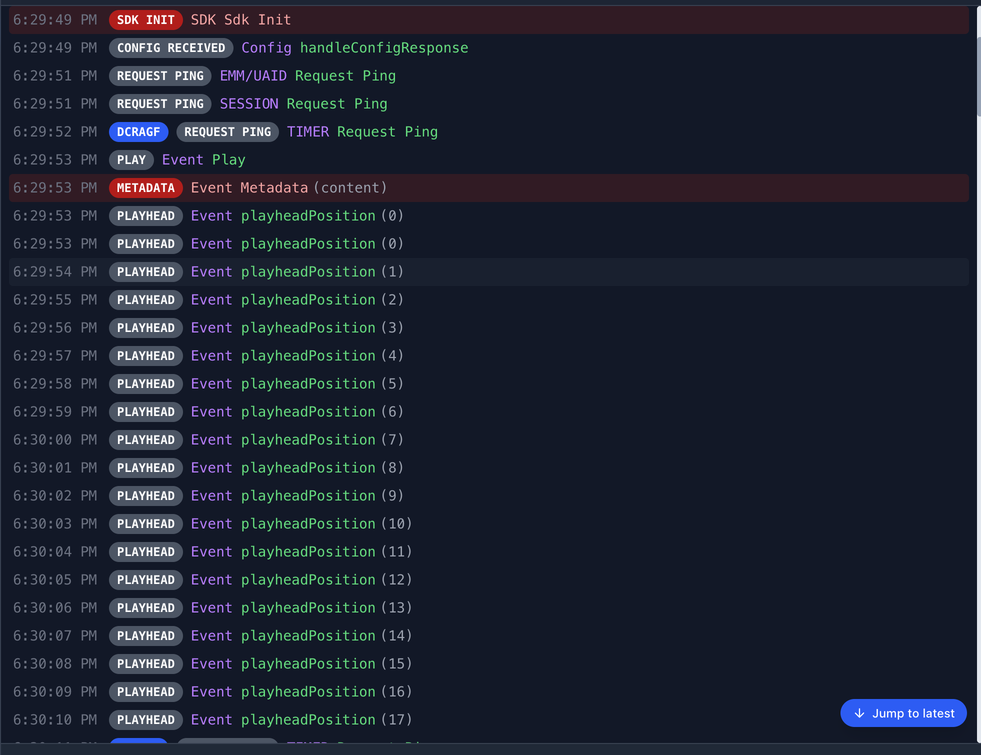Live Log Stream showing SDK events with color-coded badges