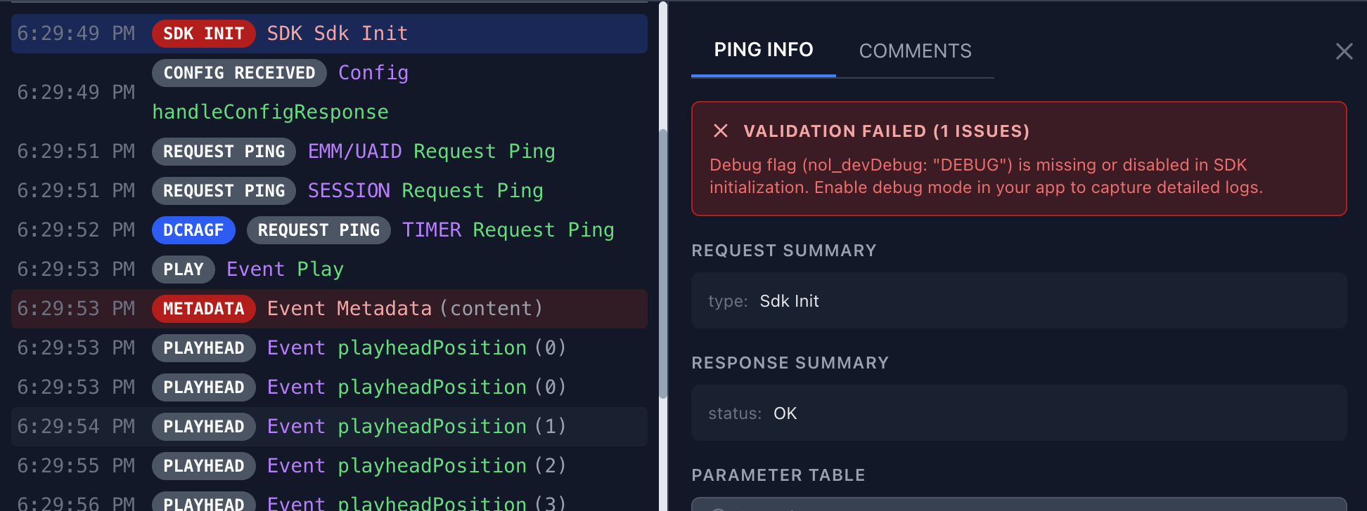 Log stream with error highlighting and VALIDATION FAILED banner