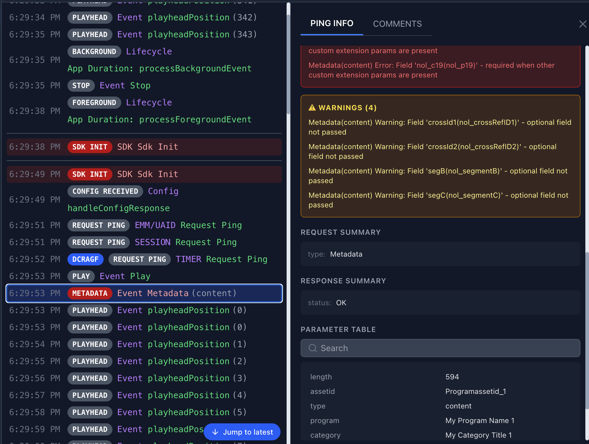 Log stream with warning highlighting and metadata warnings