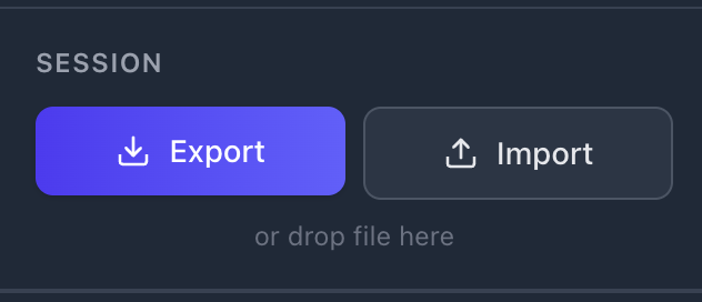 Session Export and Import panel