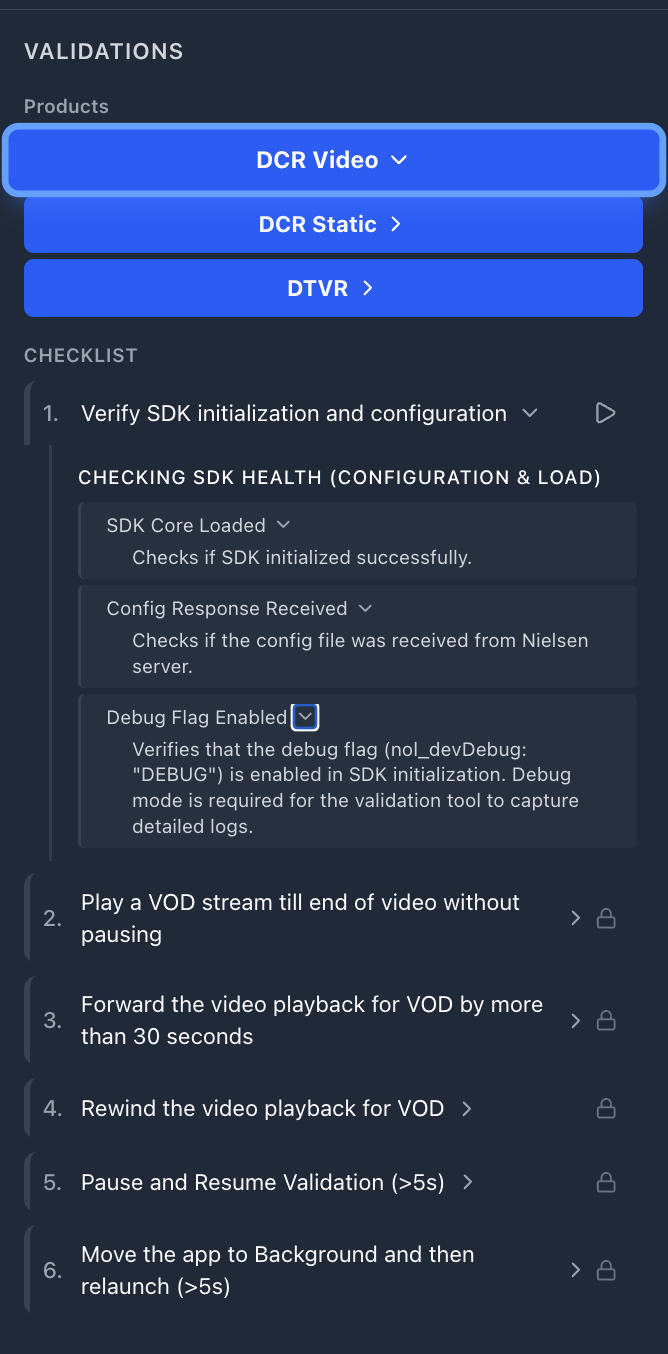 Validation Checklist with Test Case 1 expanded showing all rule categories