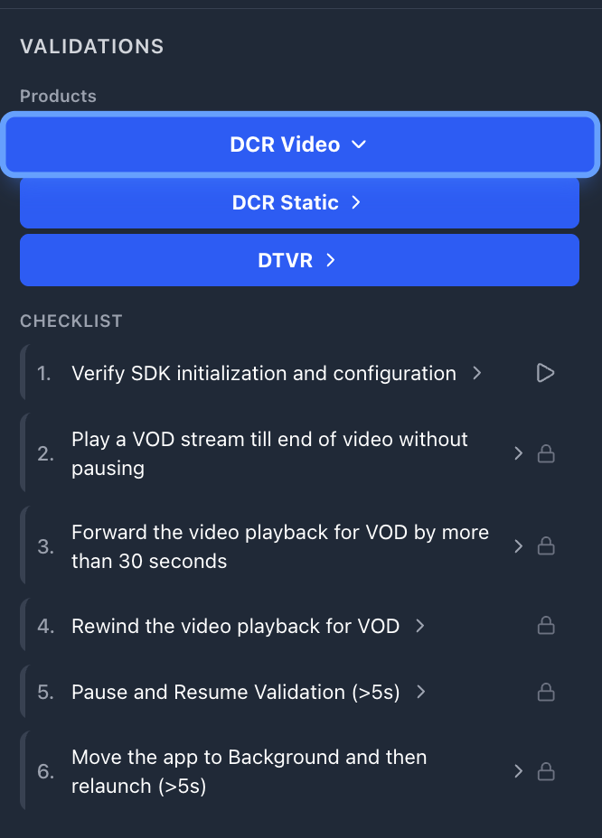 Validation Checklist showing all DCR Video test cases collapsed