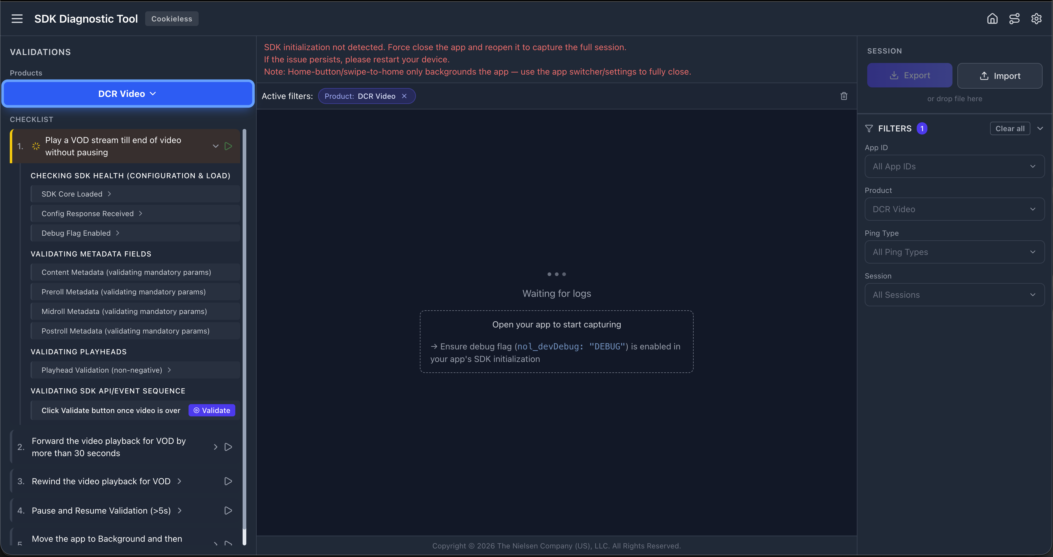 macOS validation interface showing Waiting for logs state
