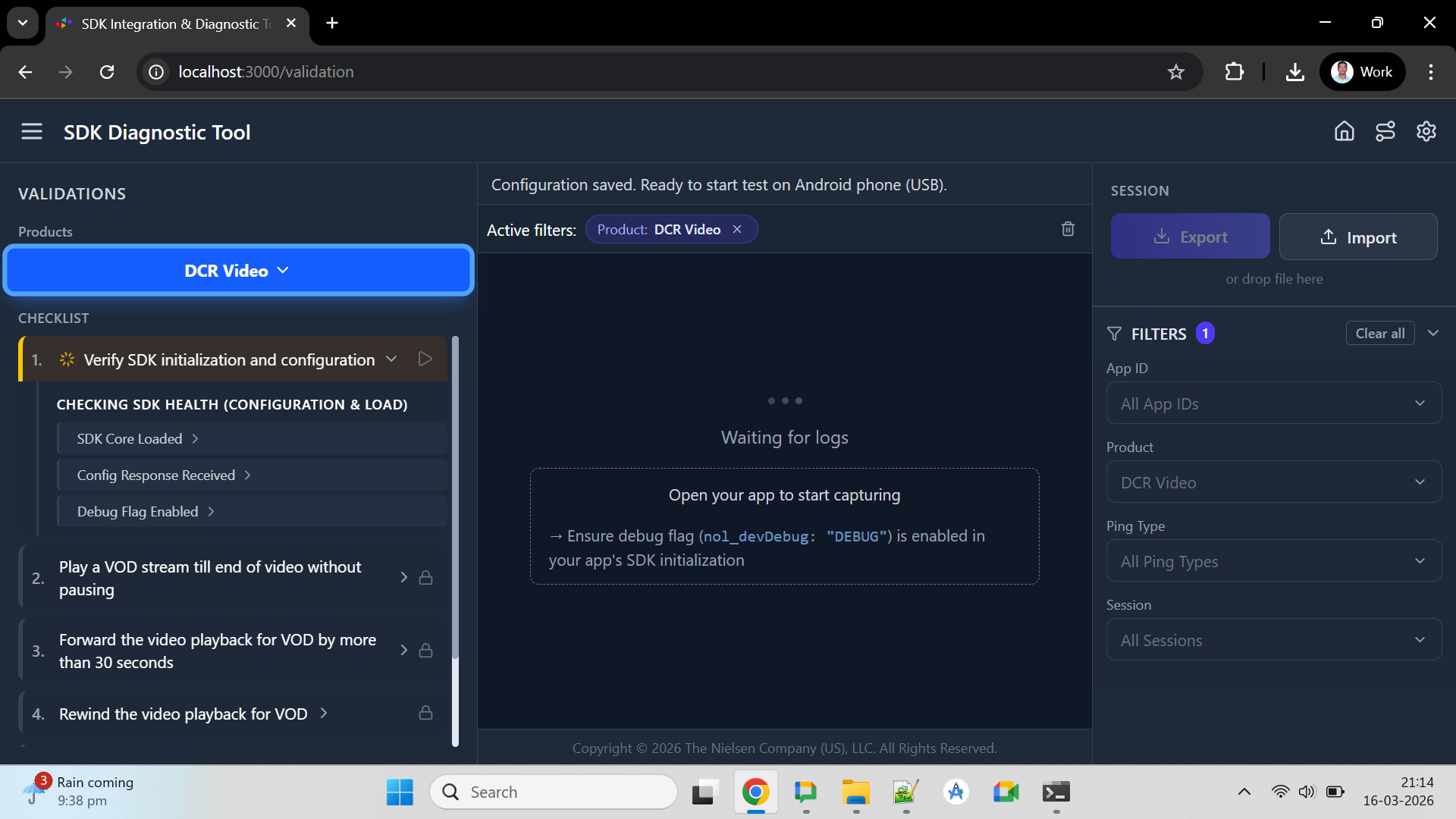 Windows validation interface showing Waiting for logs state